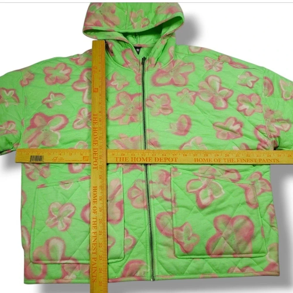 Wild Fable Quilted Hooded Bomber Jacket Womens L‎ Green Pink Floral Art to Wear
